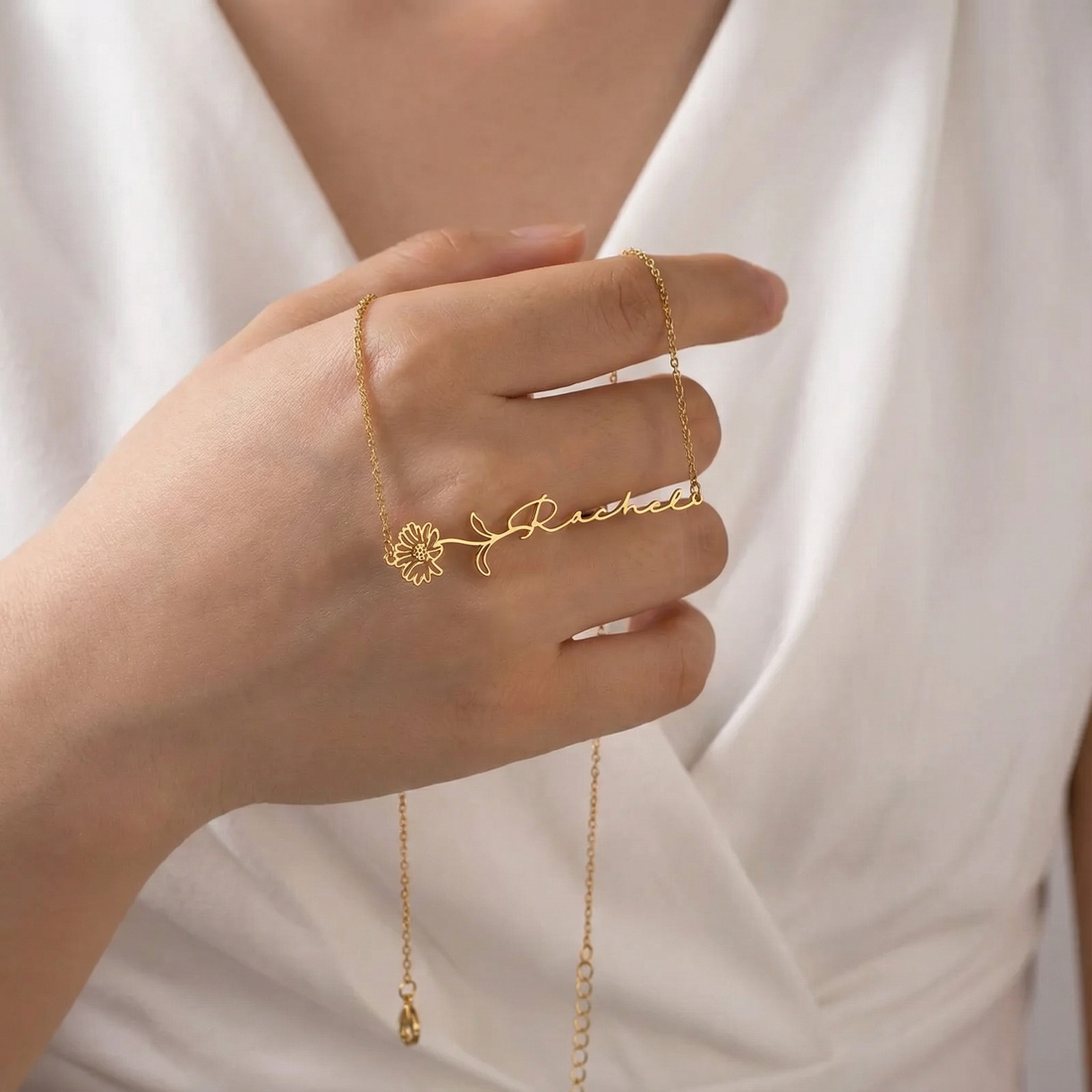 Horizontal Birth Flower Name Necklace
