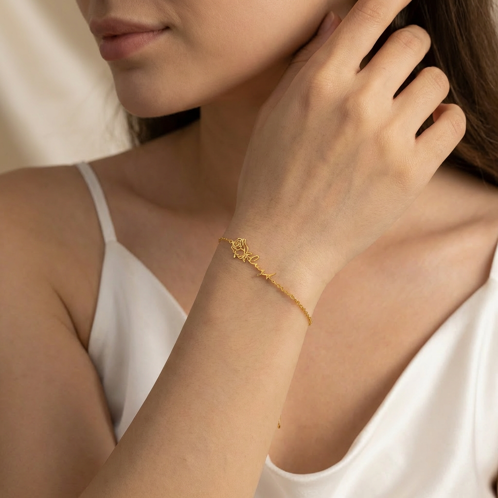 Personalised Birth Flower Name Bracelet