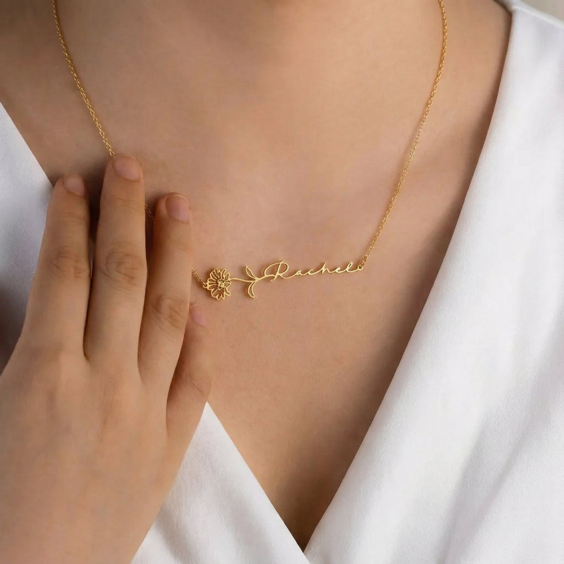 Horizontal Birth Flower Name Necklace