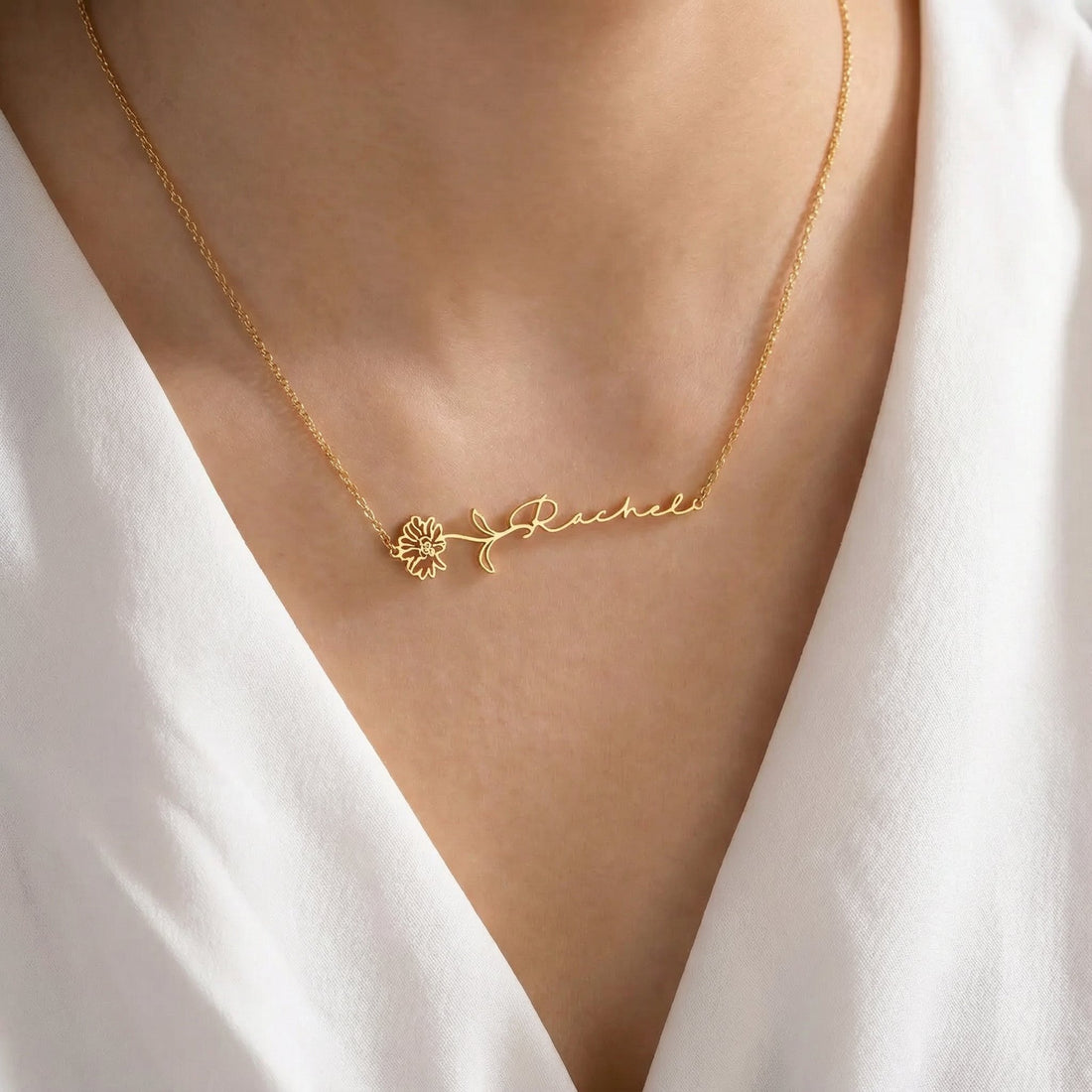 Horizontal Birth Flower Name Necklace
